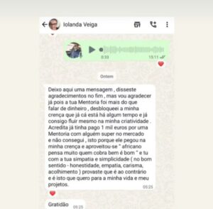 Mensagem de agradecimento de Iolanda Veiga pela mentoria