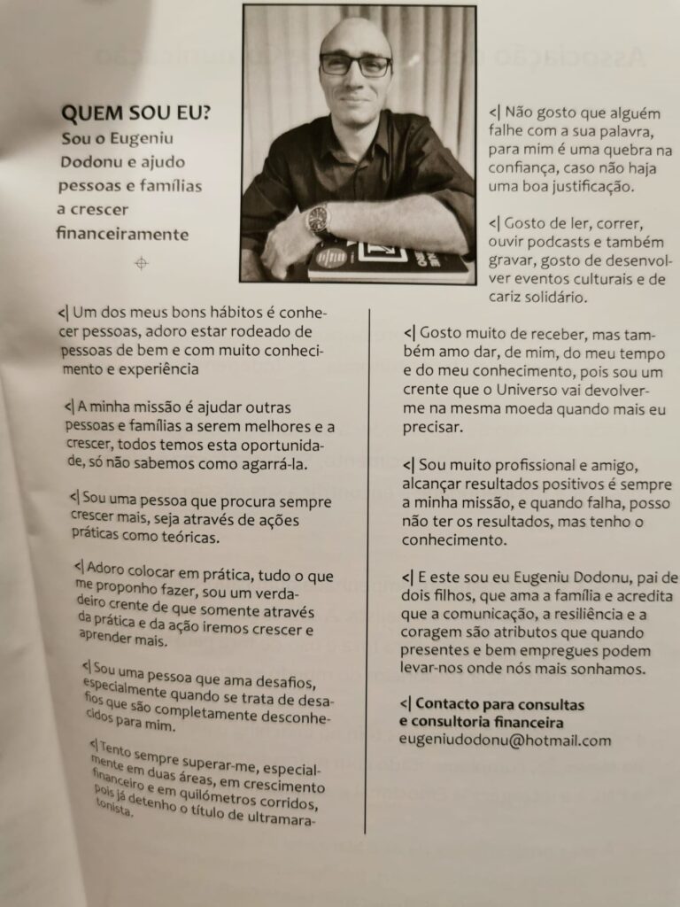 Página "Quem sou eu?" de Eugeniu Dodonu no livro Não Tenhas Medo do Escuro