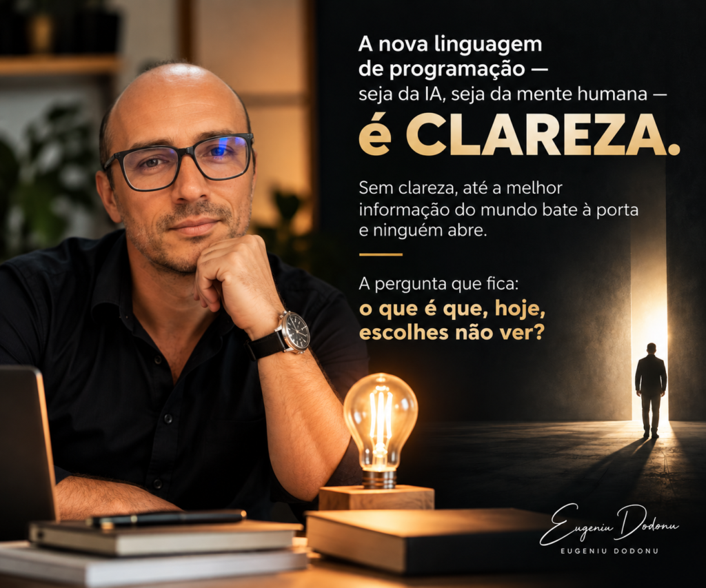 Eugeniu Dodonu à secretária com uma lâmpada acesa e o texto: A nova linguagem de programação, seja da IA, seja da mente humana, é clareza.